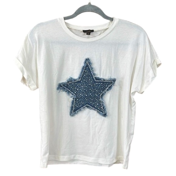 Denim Star Patch Tee with Rhinestones and frayed edges on graphic NWOT Medium - Picture 3 of 11